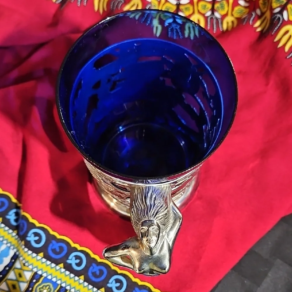 Vtg 1950s Japanese Cobalt Blue Glass Dragon Tankards Silver Nude Lady Mugs